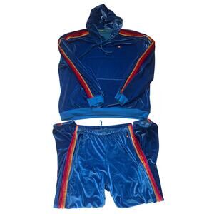 Aviator Nation blue velvet rainbow stripe hoodie and jogger set XL